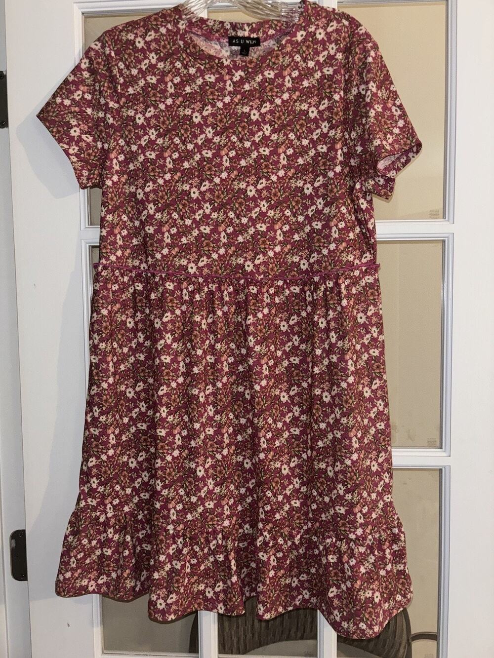 As U wish women’s bohemian prairie dress knee length short sleeve floral LARGE